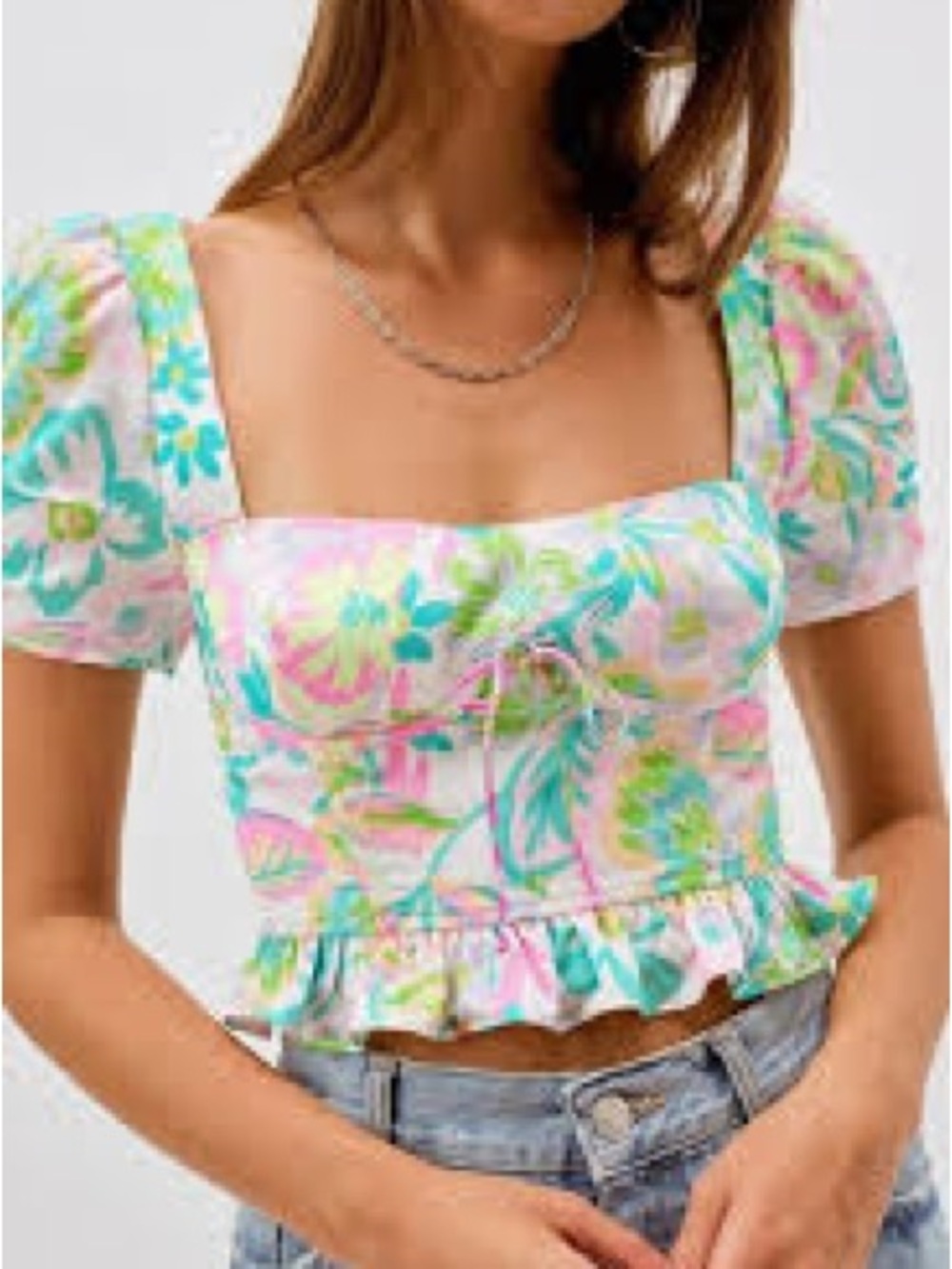 For Love And Lemons Pastel Floral Puff-Sleeve Crop Top - Pink, Mint